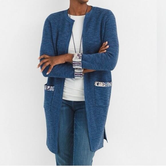 Chico's Heathered Blue Long Cardigan Leopard & Paisley Trim Chico's Size 1 (M/8) - Picture 14 of 14